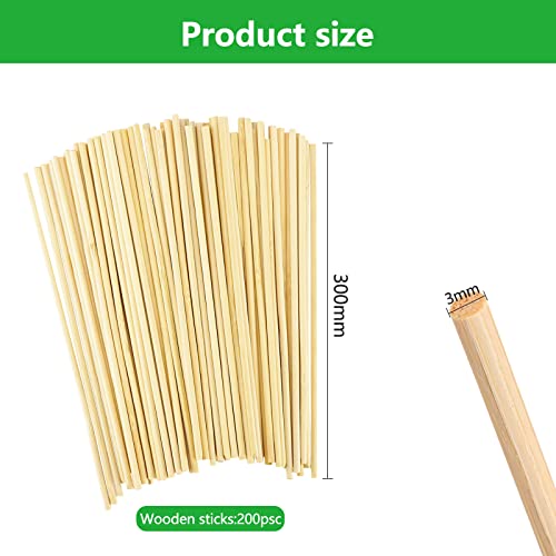 200 Pieces Round Wooden Sticks 300mm x 3mm for Candy Floss Natural Bamboo Sticks for Crafts and DIY