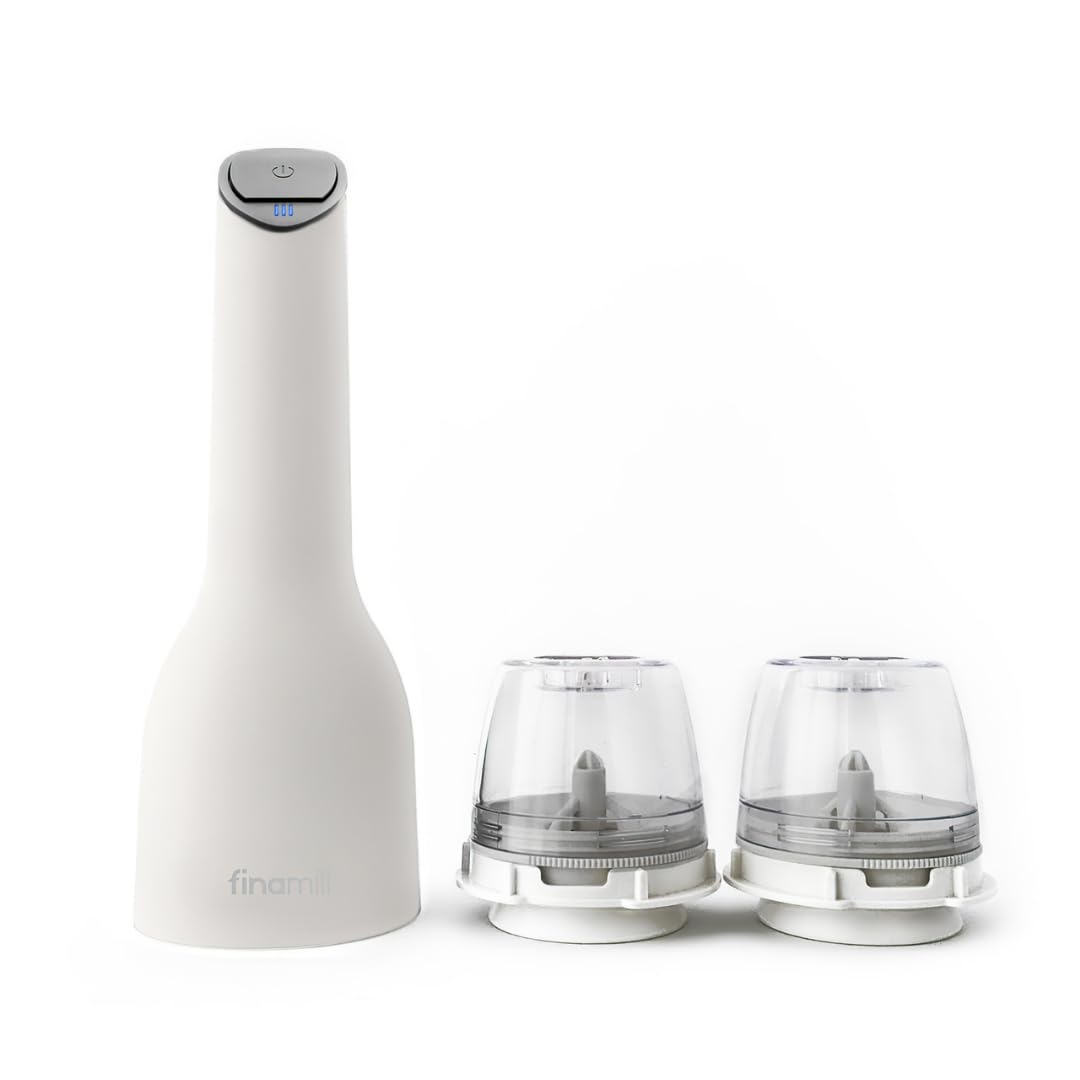 FinaMill USB Rechargeable Pepper Mill & Spice Grinder | Adjustable Coarseness, Ceramic Grinding Elements, One Touch Operation with LED Light | Includes 2 Quick-Change PRO Plus Pods | Soft Cream