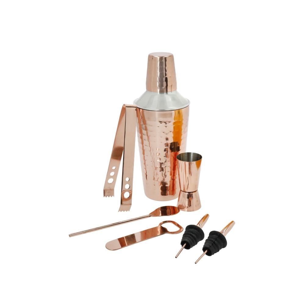BarCraft 7-Piece Copper Cocktail Set in Gift Box, Includes Cocktail Shaker, Jigger, Tongs, Mixing Spoon, Bottle Opener & 2 Bottle Pourers, Stainless Steel