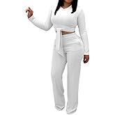 ABKY Two Piece Sets For Women Sexy Tie Front Long Sleeve Crop Top Wide Leg Pants Set Casual Tracksuit Ribbed 2 Piece Outfits
