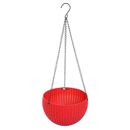 Antier Red Hanging Basket Rattan Plastic Flower Pot Round Resin Garden Hanging Planter for Indoor Outdoor Plants,(Pack of 2)