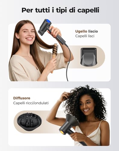 Haokoo Asciugacapelli Ionico Alta Velocità 150.000 RPM - Phon Capelli Professionale Leggero 365g, Asciugatura Rapida con Termo-controllo, 8 Temperature con Diffusore, Casa e Viaggio