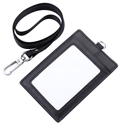 I-MART Genuine Leather 2-Sided ID Badge Holder with Lanyard, Card Holder Wallet (Black Vertical)