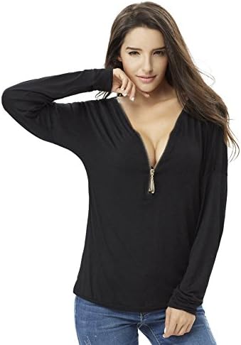 Greatrees Women's Sexy V Neck Long Sleeve Loose Zipper Pullover Casual Top Blouse Black M