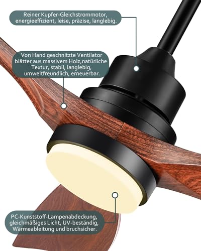 Forrovenco Ceiling Fan with Light 152 cm / 60 Inches, with Lighting & Remote Control, Outdoor Ceiling Fans for Patio, Quiet DC Motor, 3 Solid Wood Blades, Reversible, Indoor, Brown