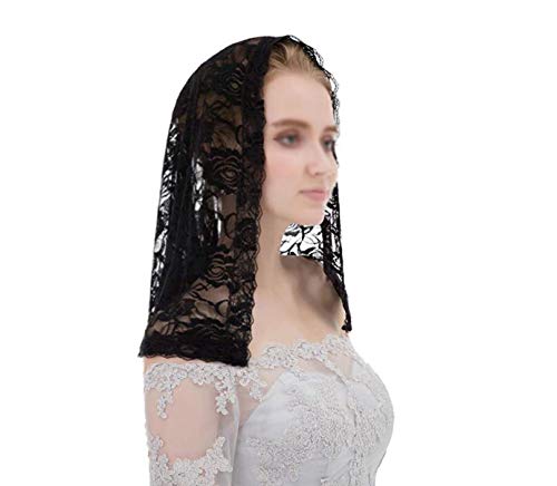Chic Floral Lace Mantilla Veil Catholic Church Chapel Veil Head Covering Latin Mass D Shaped Short Bridal Wedding Veil Head Scarf Black