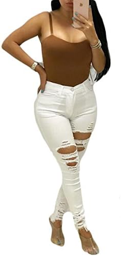 Tomblin Women Juniors Destroyed Ripped Distressed Slim Fit Stretchy Skinny Denim Jeans (Asian L=US M, White)