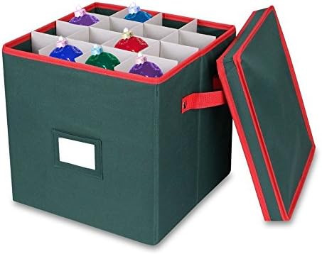 Christmas Ornament Storage Box with Lid - Adjustable Dividers - Holds up To 64 Round Ornaments - Holiday Storage- Green