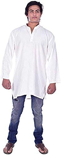 Lakkar Haveli Men's Indian Kurta Loose Fit White Solid Color Shirt Tunic 100% Cotton Plus Size
