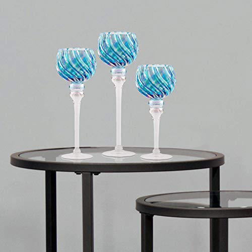 Hurricane Candle Holders Glass Set | 3-Piece Blue Tall & Attractive Votive, Pillar & Tealight Long Stem Candleholders | Ideal for Wedding Centerpiece, Home Decor, Parties, Table Settings & Gifts