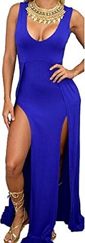 Mosearon Women Fit Slim Sexy Deep U Neck Sleeveless Side Slit Casual Bandage Club Beach Maxi Dress (One Size, Blue)