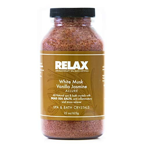 White Musk Vanilla Jasmine Aroma Therapy Bath Crystals -22 Oz- Natural Mineral Salts – Aromatherapy for Hot Tub, Spa & Jacuzzi