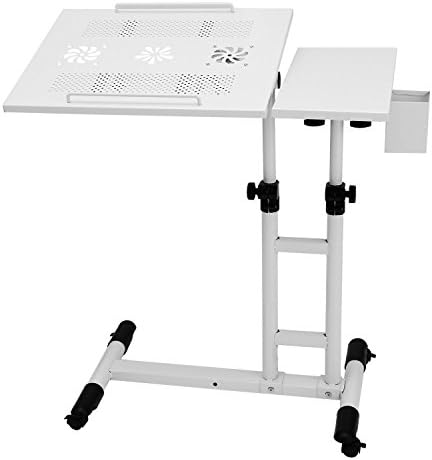 Meharbour Angle and Height Adjustable Laptop Stand Table, Mobile Laptop Notebook Computer Desk Cart with Mouse Pad, Lockable Casters and Pen Holder for Sofa and Bed (US STOCK) (White)