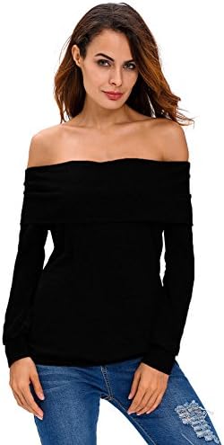 SextyHome Lady European And American Fashion Sexy Off Shoulder Long Sleeve Relaxed Joker T-shirt Clothes(Black)