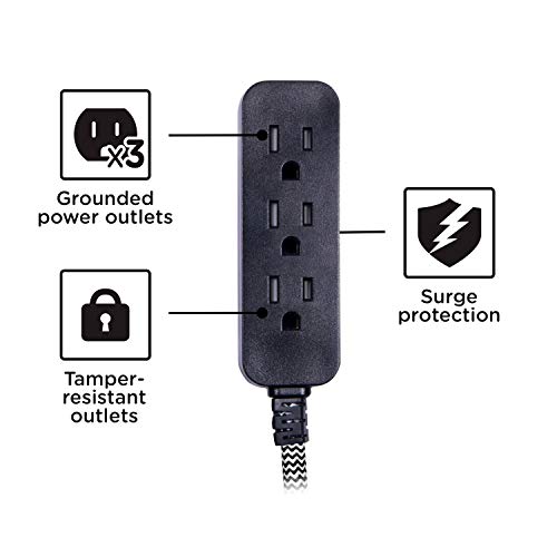 Cordinate Designer 3Outlet Extension Cord, 3 Prong Power Strip Surge Protector, Extra Long 10