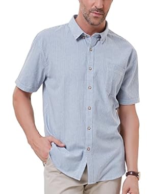 Men's Casual Short Sleeve Button Down Shirt Cotton Striped Shirts