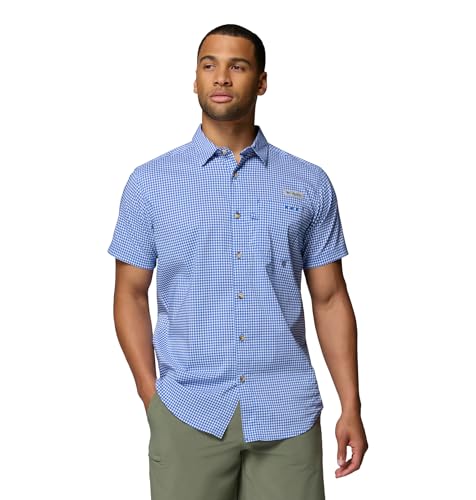 Columbia Men's PFG Harbor Peak Short Sleeve Shirt, Vivid Blue Gingham, 2X