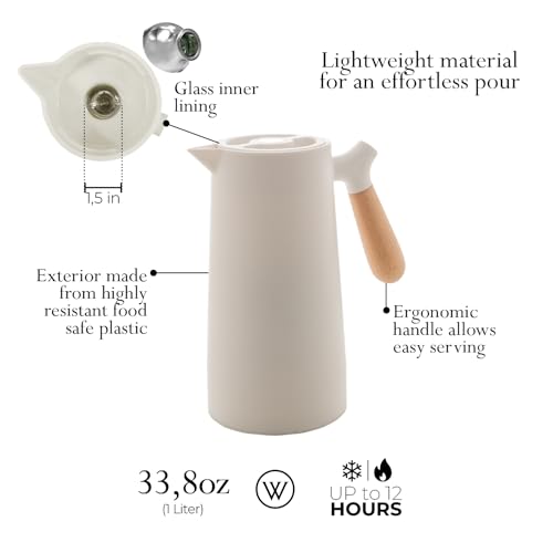 WOLFF - Garrafa Térmica de Plástico com Cabo de Madeira Nórdica 1L Branca - Mesa Posta - Itens Para Casa - Utensílios de Cozinha - Perfeita Para Café e Chá