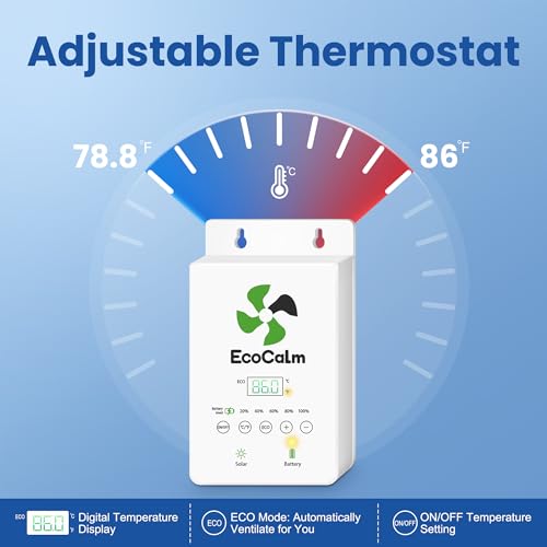 ecoCalm Solar Fan with Thermostat and Battery, 8" Exhaust Fan with 25W Bifacial Solar Panel, Greenhouse Fan Kit for Outside, Garage, Shed, Camping