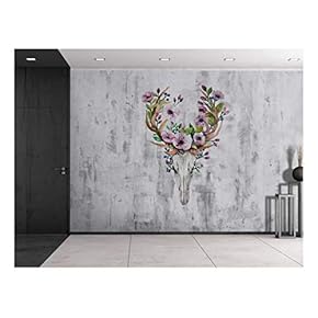 Deer Skeleton with Flowers Sitting on a Grayscale Grungy Texture with a Vignette Effect Around It - Wall Mural, Removable Vinyl Wallpaper, Home Decor - 66x96 inches
