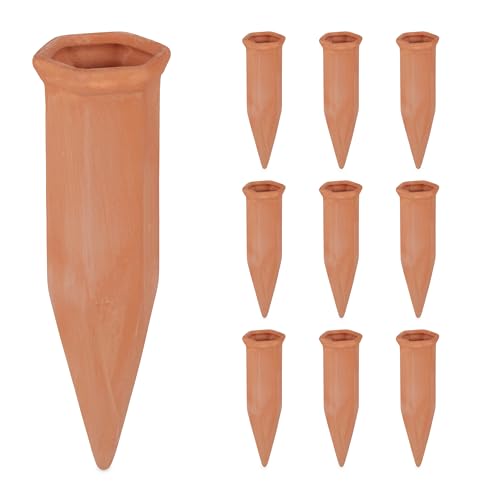 Relaxdays 10x Plant Water Dispenser, Automatic, Irrigation, Holiday, Help, Vacation, Garden, Cone, Ceramic, Terracotta
