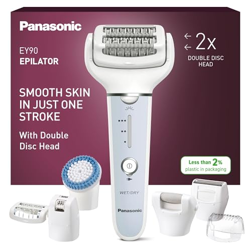 Panasonic ES-EY90-A503 Épilateur Wet &Dry, Double Disque 60 Pinces, Tête Flexible Pivotante 90°, 3 Vitesses et LED, 30 Minutes d'Autonomie, sans Fil, Épilateur, Tête Rasoir, Tête de Soin des Pieds