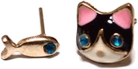 Amazon モウキー Mo Kii 黒猫と小魚ピアス かわいい キラキラ猫ピアス 合金 ピアス 通販