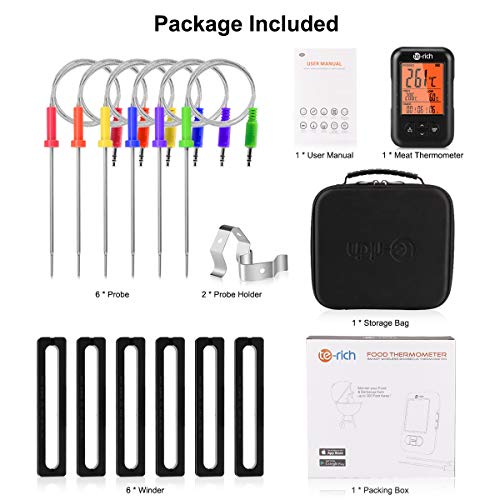 Wireless Meat Thermometer, Te-Rich Bluetooth Digital Food Grill Thermometer [Oven Safe/Timer/App Connected/] with 6 Temperature Probe for Smoker Grilling BBQ Turkey Kitchen Cooking Thermometer - Thumbnail 7