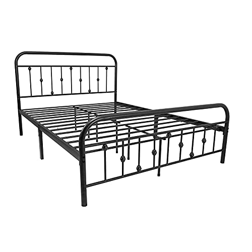 Metal Bed Frame Queen Size with Vintage Headboard and Footboard