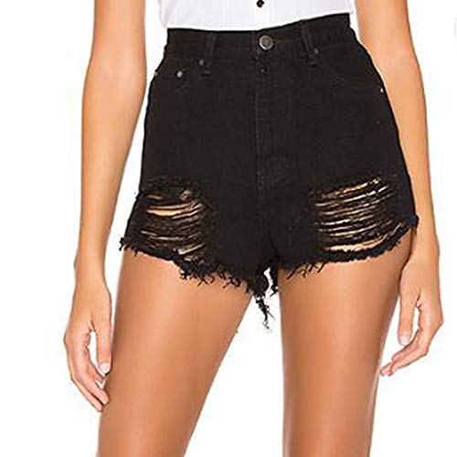 Botrong Fashion Women Casual Skinny Jeans Hole Denim Mid Waist Shorts Pants (Black,XS)