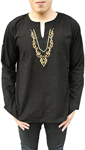Indian Men's Cotton 100% Fabric Hippie V-Neck Shirt Summer Beach Yoga Top T-Shirt (L, Black1)