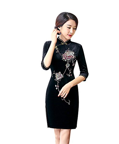 ACVIP Women's Sequin and Beaded Handmade Half Sleeve Short Chinese Dress Cheongsam Qipao