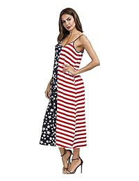 Mongolulu - Maxi vestido largo sin mangas con cuello en V y rayas con bandera de Estados Unidos para mujer, tallas S-2XL
