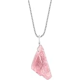YANARA Raw Rose Quartz Pendant Necklace For Women Stone Rough Crystal Gemstone Dainty Jewelry, Chakra Healing Crystals, Birthstone, Silver Plated Chain 18 inch