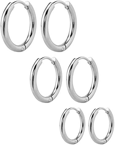 NEOWOO 3 Pairs Stainless Steel Round Endless Hoop Earrings for Women Gold Silver Black, 15-19MM (White Steel)