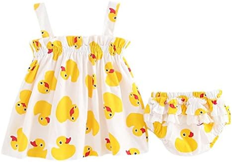 Junjie Summer New Hot Baby Girls 2Pcs Outfits, Newborn Baby Girls Cartoon Yellow Duck Print Strap Sleeveless Sling Wrap Dress+Lace Duck Print Shorts Sets