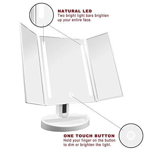 Auxmir Trifold LED Lighted Makeup Mirror, Vanity Mirror with 10X Magnifying Spot Mirror, Dimmable, Touch Screen, Auto Off, 180° Rotation Tabletop Cosmetic Mirror for Makeup, Shaving and Facial Care - Thumbnail 2