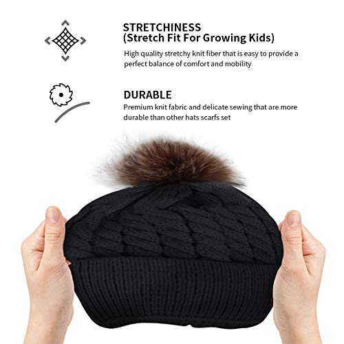 Baby Girls Boys Winter Beanie Hat Scarf Set Toddler Warm Knitted Hats Circle Scarf for Infant Newborn Winter Pom Hat Black - Thumbnail 5