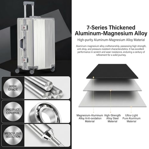 Simanli All Aluminum 20 inch Suitcases Carry On Luggage Hard Shell Suitcase Boardable Cabin Trolley Case Luggage with TSA Locks Silent Spinner Wheels, Silver, 24 inch