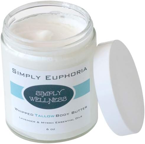 Simply EUPHORIA Whipped Body Butter w/Lavender + Myrrh - LG 6 oz glass jar - NO Chemicals - 100% Natural + Organic - Rejuvenating - Relieves Eczema, Psoriasis, Rosacea Scars, Dermatitis & more