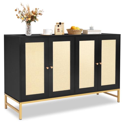 Photo 1 of QuicMiou Sideboard Buffet Cabinet, Kitchen Storage Cabinet with 4 Rattan Decoration Doors, Metal Feet Accent Cabinet for Kitchen, Dining Room, Hallway (Black), Large