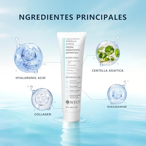 WEUD Crema Coreana Original, Crema Hidratante con Niacinamide, Centella Asiática, Colágeno, Hialuronato de Sodio, 100% Natural, Hipoalergénica, Crema Facial para Todo Tipo de Piel (200g/7.06oz)