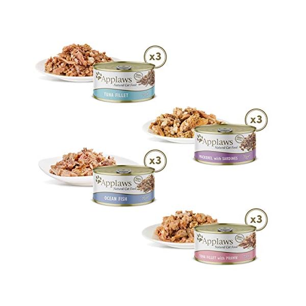 Applaws Natural Wet Cat Food, Multipack Fish Selection in Broth 70 g Tin (Pack of 12)