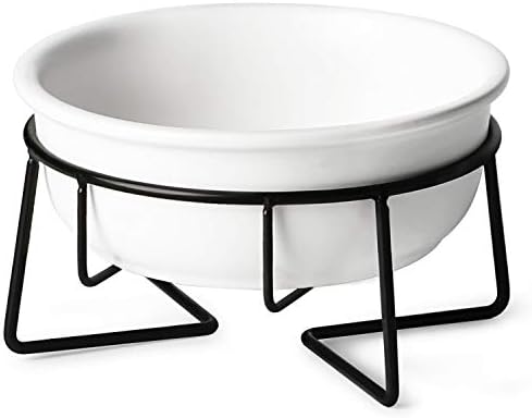 Ceramic Raised Cat Dishes or Small Dog Bowl with Metal Stand 12 Ounces, Pet Food or Water Bowls ,White