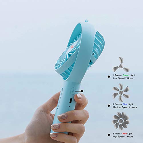 Handheld Fan,Mini USB Fan Desk Fan Up/Down 15°Angle 3 Speed Easy Carry Lightweight Rechargeable Battery Up to 7 hours for Outdoor Travel,Camping,Hiking,Office (Handheld Fan-Blue, Φ=3.6inch/9.2cm)