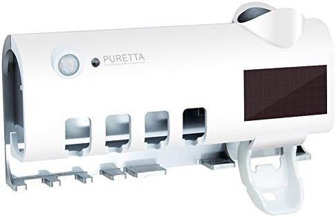 Puretta UV Toothbrush Holder Sanitizer Sterilizer Wall Mounted Automatic Toothpaste Dispenser Squeezer Rechargeable 4 Tooth Brush Grooves with 3M Adhesive Kill Bacteria Germ in Bathroom (White)