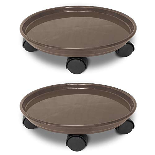 JzNova 2 Pack of 14 inch Rolling Plant Pallet Caddy with 5 Wheels, Round Flower Pot Mover, Indoor Rolling Planter Dolly on Wheels, Outdoor Planter Trolley Tray Coaster, Brown