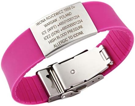 ICEstripeElite Medical Alert Emergency ID Jewellery Bracelet Wristband Men Women Kids Free Laser Engraved Customized Personalised Silicone Stainless Steel for Sports Diabetes (Dark Pink)