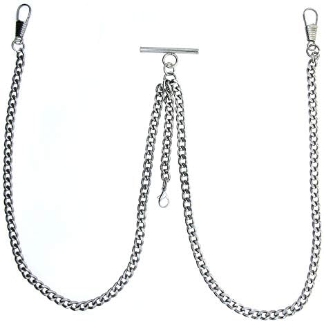 Silver Color Double Albert Chain Pocket Watch Chain T Bar Lobster + 2 Clips AC20