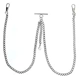 Silver Color Double Albert Chain Pocket Watch Chain T Bar Lobster + 2 Clips AC20